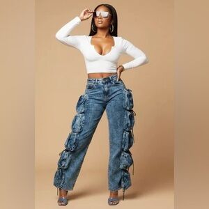 Acid Wash Blue Stretch Denim Women's Cargo Utility Jeans